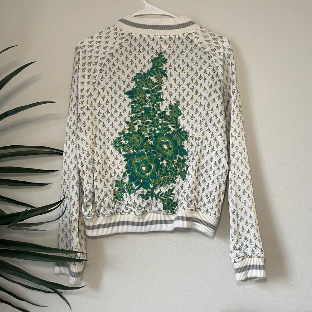 Anthropologie - Tiny Edition | Satin ivory emerald jacket with embellishments
